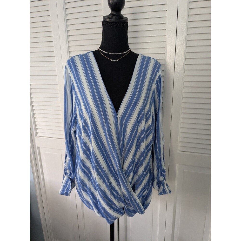 KUT From The Kloth Top Womens 2X Blue White Striped Blouse Cross Over Nautical - Picture 1 of 15